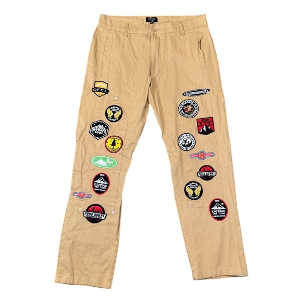 BoohooMAN Mens Tan Multi Patch Cotton Twill Regular Fit Streetwear Pants Size M